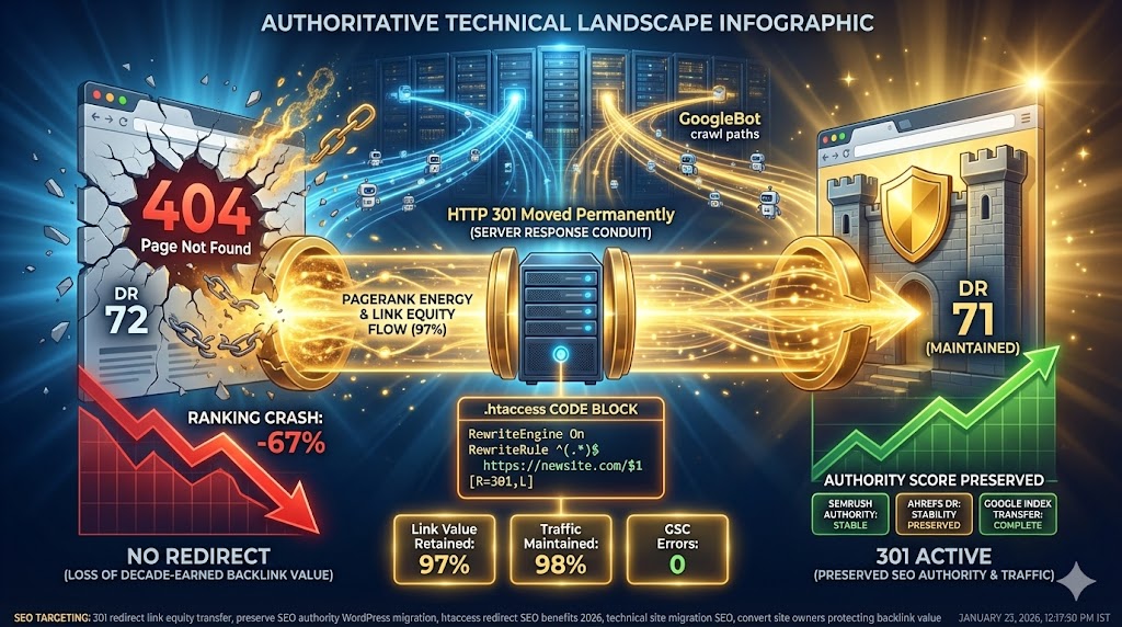 Link equity preservation through 301 redirects—90-99% PageRank transfer from old URLs to new maintaining Google rankings, preventing authority loss during WordPress migrations, cPanel .htaccess implementation "Why 301 Redirects are SEO-Friendly: Preserving Your Hard-Earned Authority