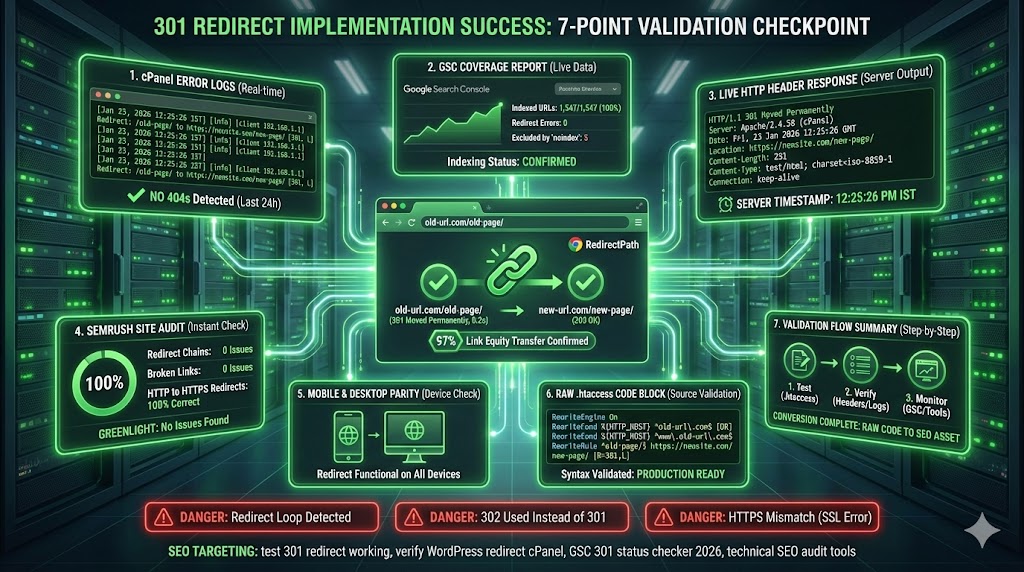  Complete 301 redirect testing checklist—RedirectPath Chrome extension, cPanel error logs, Google Search Console verification, HTTP status checker confirming "301 Moved Permanently" with 97% link equity transfer "Testing Your 301 Redirects: Ensuring Success
