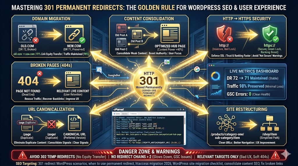 Essential 301 redirect scenarios for WordPress SEO—permanent domain migration, broken page consolidation, HTTP→HTTPS, URL restructuring preserving link equity via cPanel .htaccess "When to Use a 301 Redirect (Crucial Scenarios)