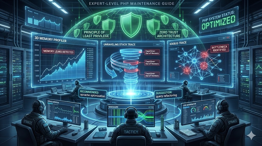 High-tech troubleshooting lab with diagnostic tools analyzing cybersecurity issues, layered best practices shields protecting PHP infrastructure, for the article "Advanced Troubleshooting and Best Practices