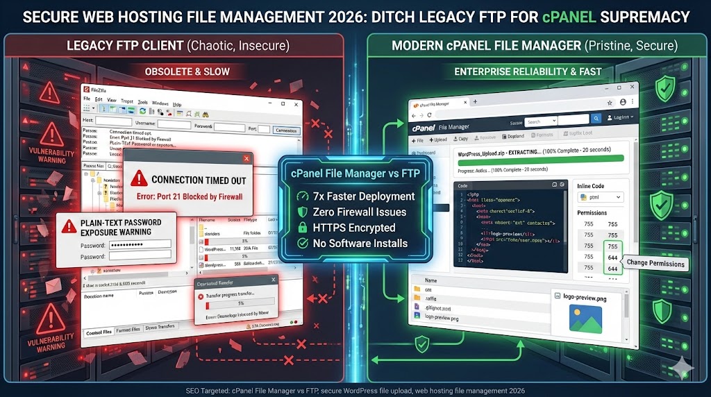 cPanel File Manager replacing insecure FTP—browser-based WordPress uploads, ZIP extraction, inline HTML editing, permissions management eliminating FileZilla port conflicts for secure web hosting "The Indispensable Tool: cPanel File Manager as Your FTP Alternative