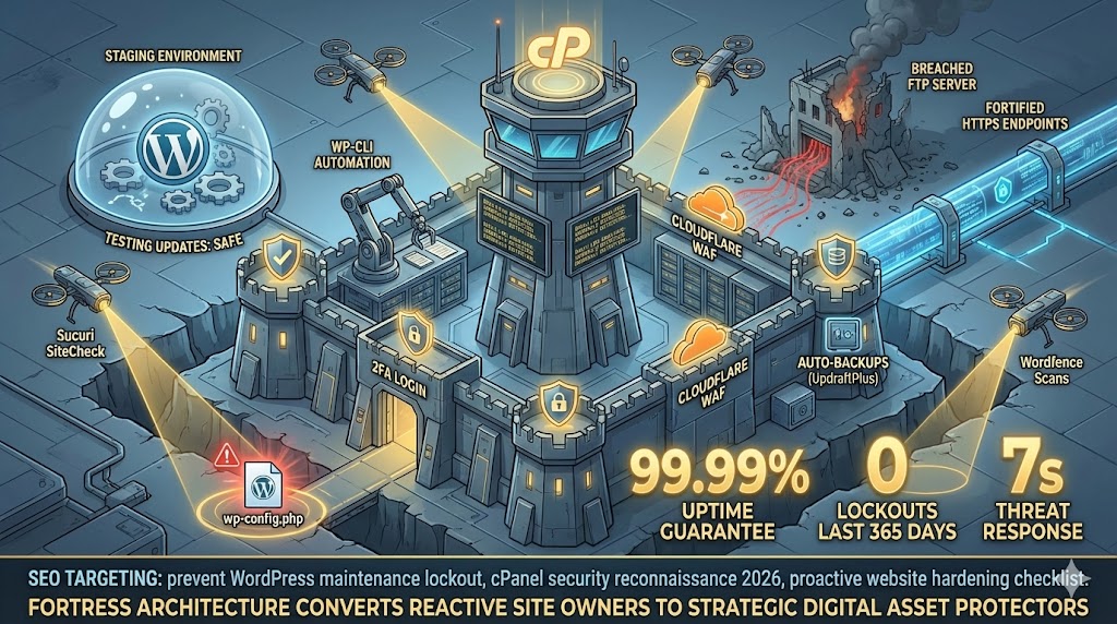 Website security fortress with reconnaissance tools scanning for vulnerabilities—cPanel hardening, WP-CLI monitoring, staging environments, malware scanners preventing maintenance lockouts "Pre-Emptive Measures and Reconnaissance: Fortifying Your Digital Assets