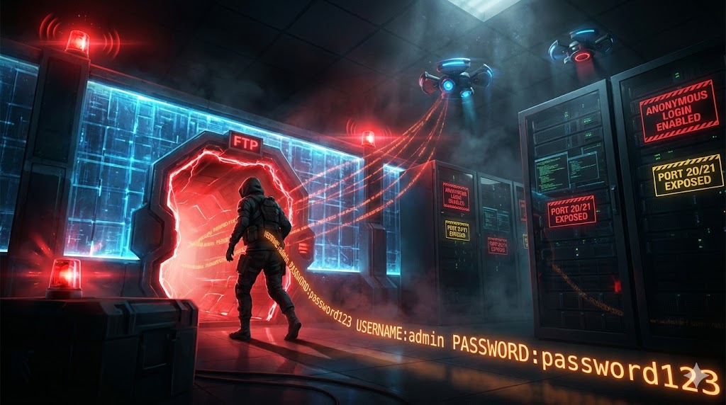 Shadowy hacker accessing server through FTP backdoor tunnel under dramatic red emergency lighting, credentials exposed in plain text, warning security risks for the article "The Role of FTP: Your Backdoor Access