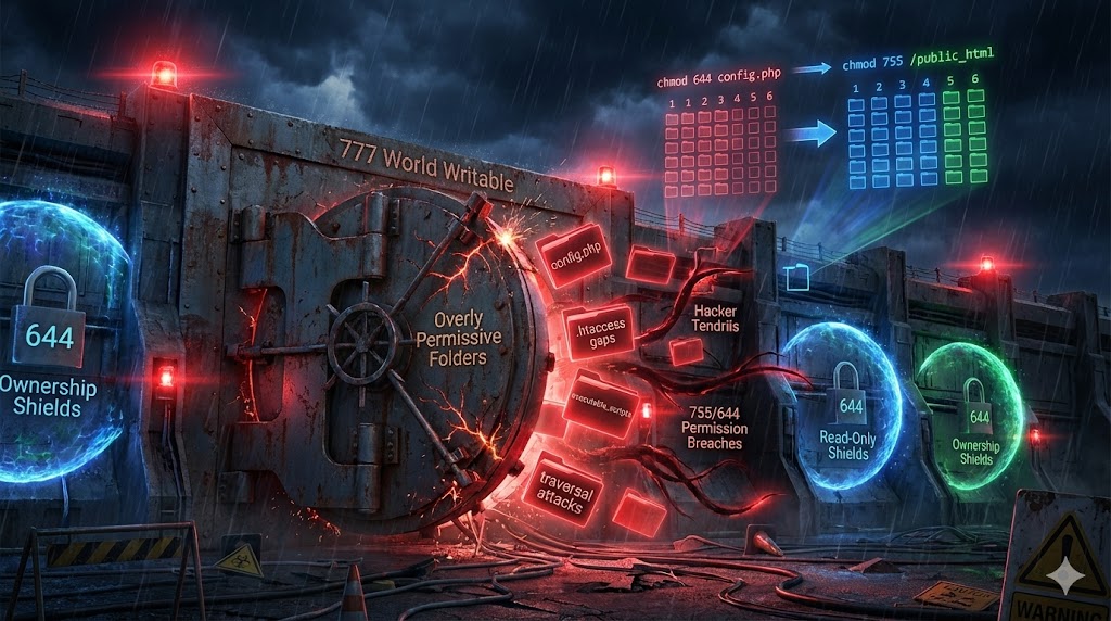 Cracked server vault exposing core files due to incorrect 777 permissions, hacker shadows exploiting open folders while secure 644 locks hold firm, for the article "The Core of the Problem: Incorrect File and Folder Permissions