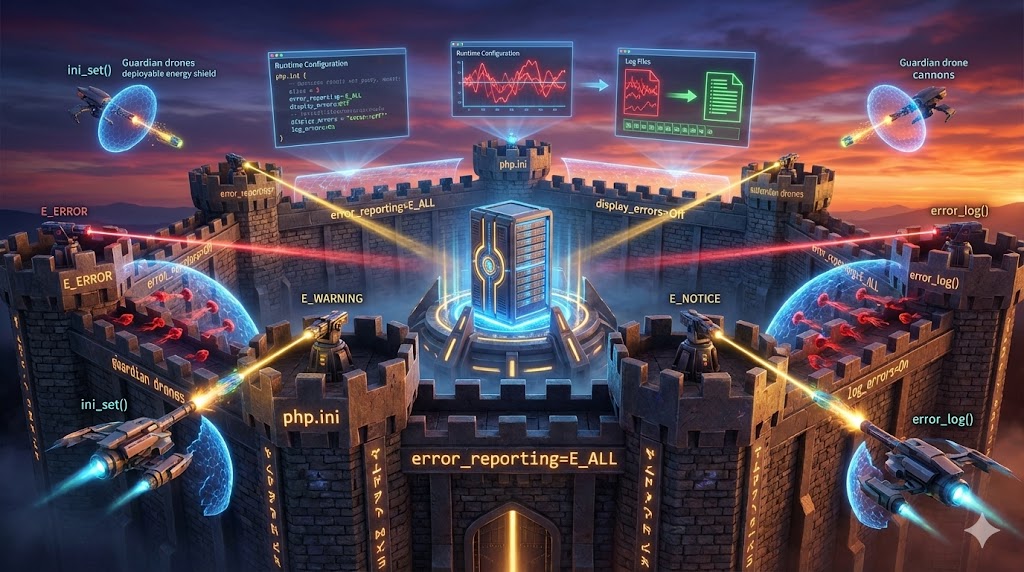 Deploying defensive perimeter around PHP server with error reporting shields, php.ini battlements, and log sentinels blocking threats, for the article "Deploying Your Defensive Perimeter: Configuring PHP Error Reporting