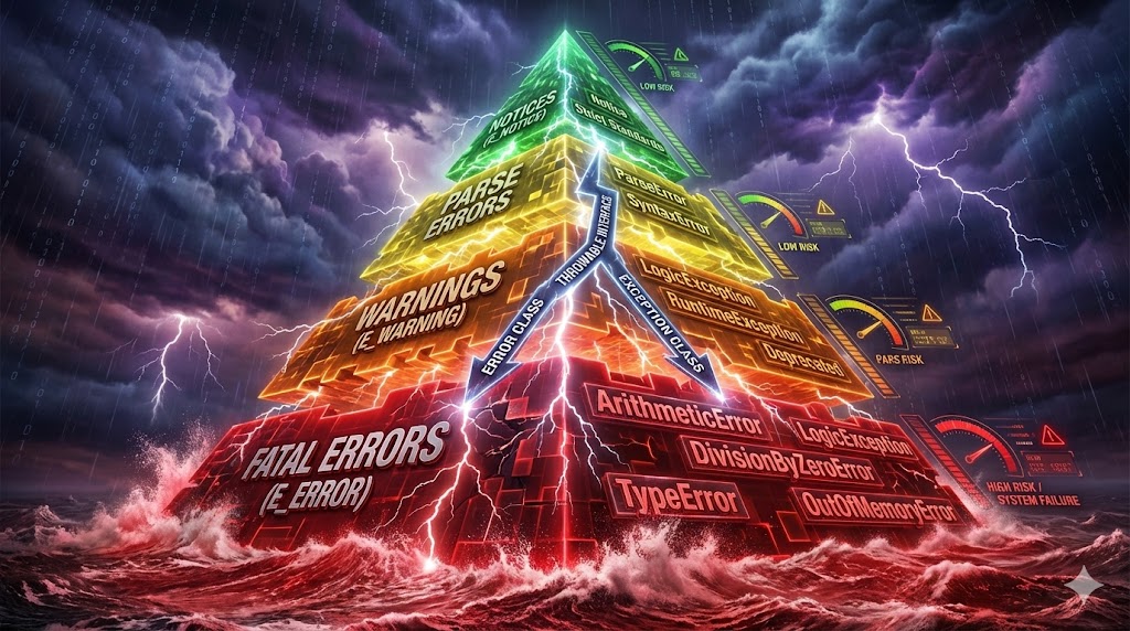  Hierarchical pyramid of PHP error tiers from critical fatal errors at the base to minor notices at the top, illustrating operational risk levels for the article "PHP Error Tiers: A Hierarchy of Operational Risk