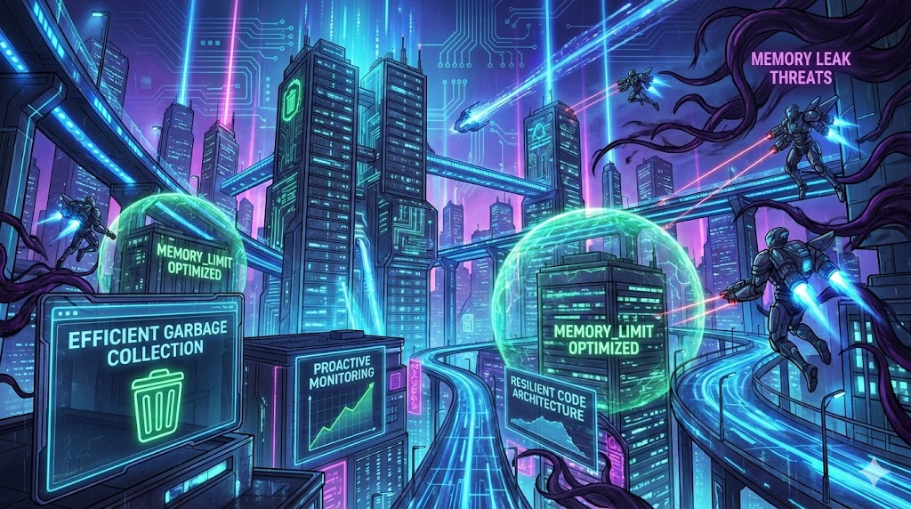 Futuristic digital infrastructure with vigilant memory guardians maintaining resilient PHP operations, shields blocking memory leaks, for the article "Proactive Memory Management: Building Resilient Digital Infrastructure