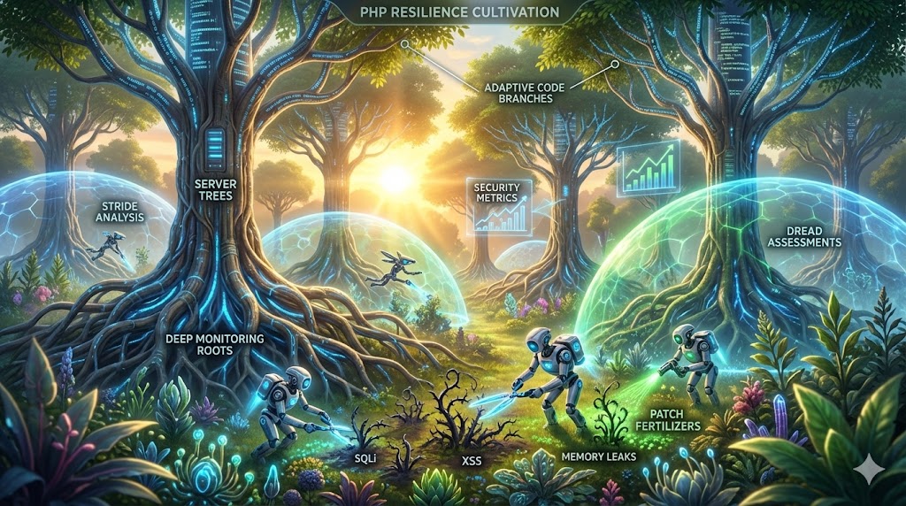  Lush digital garden cultivated with resilient PHP infrastructure, gardeners proactively pruning vulnerability threats while shields and monitoring roots fortify against future attacks, for the article "Cultivating Resilience: A Proactive Stance Against Future Vulnerabilities