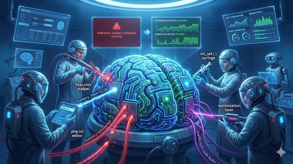 Strategic interventions resolving low PHP memory limit through config edits, code optimization, and monitoring dashboards, depicted as surgeons operating on a digital server brain, for the article "Strategic Interventions: Resolving a Low PHP Memory Limit