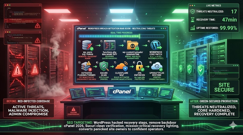WordPress security breach mitigation protocol—cPanel cleanup removing backdoors, rogue wp_users deletion, plugin/theme updates, 2FA activation, Sucuri scans confirming clean site "Mitigation and Recovery: Neutralizing the Threat and Restoring Stability