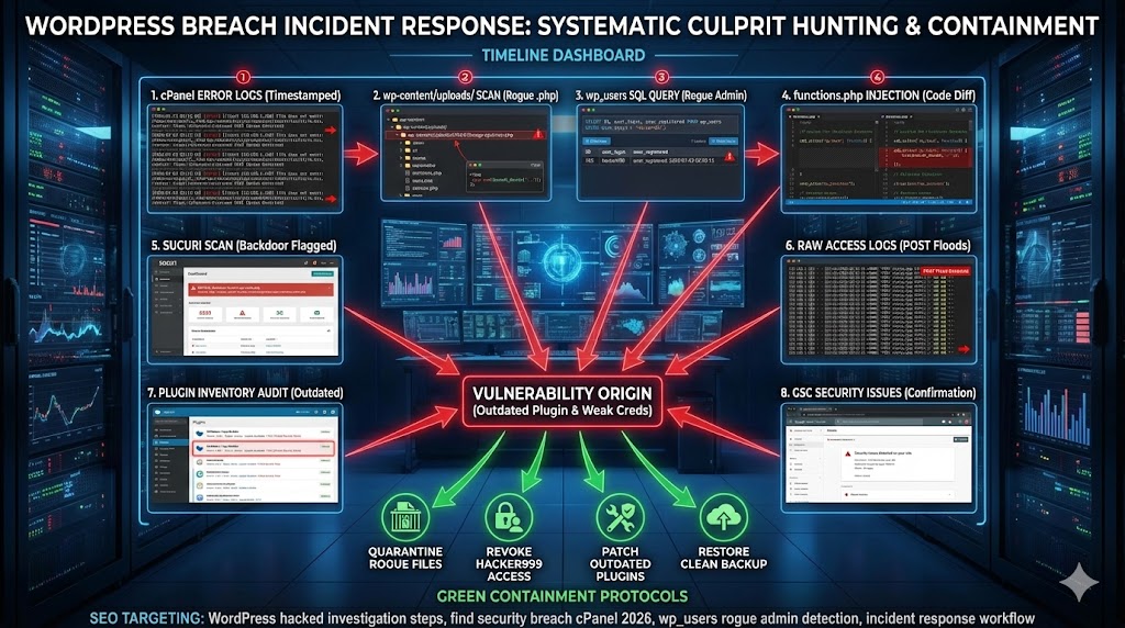 Step-by-step WordPress security breach investigation—cPanel error logs, recent file changes, wp_users rogue accounts, Sucuri scans identifying wp-cache.php backdoors "The Operational Playbook: A Step-by-Step Guide to Identifying the Culprit