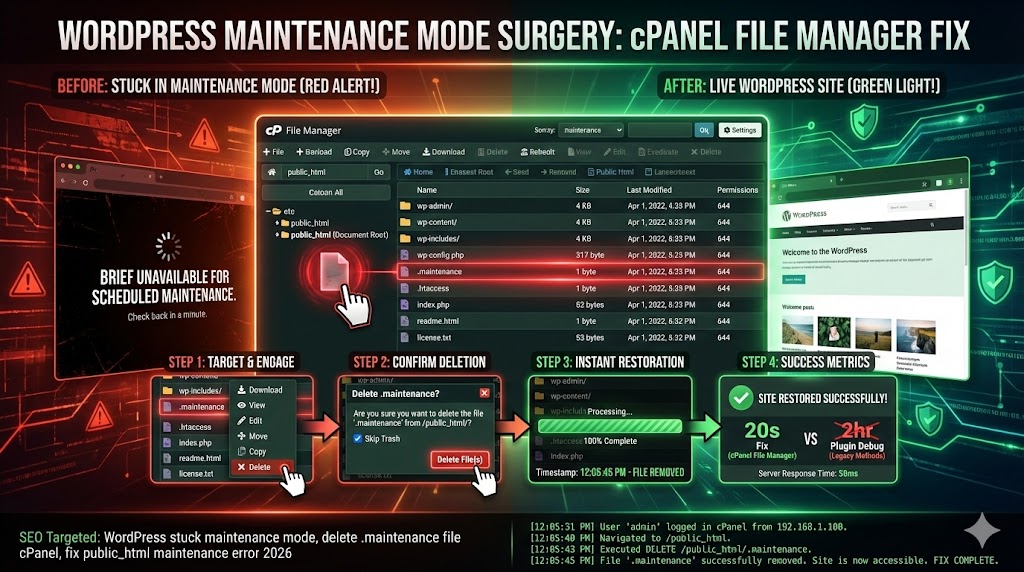 cPanel File Manager locating deleting .maintenance file fixing WordPress stuck maintenance mode—public_html root directory showing elusive hidden dotfile with "Show Hidden Files" activated "The Critical Fix: Locating and Deleting the Elusive .maintenance File