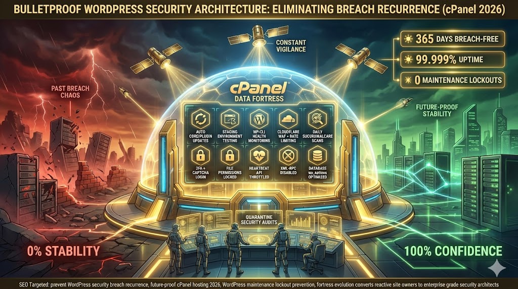 WordPress strategic security posture preventing recurrence—cPanel auto-updates, staging environments, WP-CLI monitoring, Cloudflare WAF, daily Sucuri scans eliminating maintenance lockouts "Strategic Posture and Future-Proofing: Preventing Recurrence