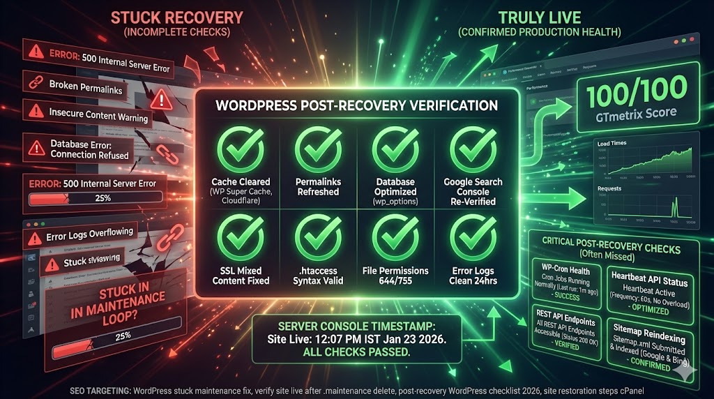 Complete WordPress post-recovery verification checklist—clear cache, test permalinks, verify database integrity, Google Search Console cleanup, SSL certificate validation fixing maintenance mode recovery "Post-Recovery Protocol: Ensuring Your Site is Truly Live