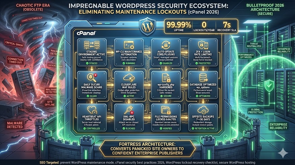 WordPress security fortress preventing maintenance lockouts—cPanel staging environment, WP-CLI cron jobs, auto-update plugins, 2FA login protection, daily malware scans "Fortifying Your Website: Proactive Strategies Against Future Lockouts